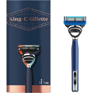 King C. Gillette Shave & Edging Nassrasierer Herren, Rasierer + 1 Rasierklinge mit 5-fach Klinge, Marineblau, Geschenk Männer