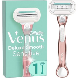 Gillette Venus Deluxe Smooth Sensitive Rasierer Damen, Damenrasierer + 1 Rasierklinge mit 5-fach Klinge, RoseGold