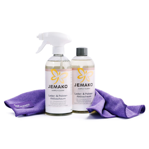 JEMAKO Leder- & Polster-Aktivschaum Set 2x500 ml – inkl. Schaumpumpe & Profituch Plus S