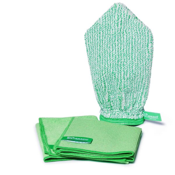 JEMAKO Fenster-Set Grün 3-teilig – Handschuh, Profituch, Trockentuch mit Wäschenetz